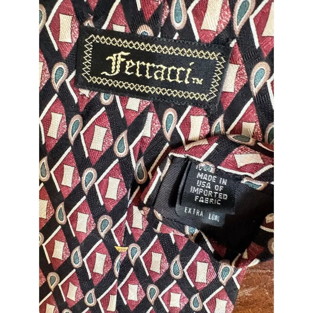 Ferracci Extra Long Men’s Tie Geometric Burgundy Black Teal 62” Polyester